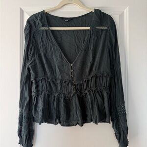 American Eagle Outfitters Green Button-Front Peasant Top